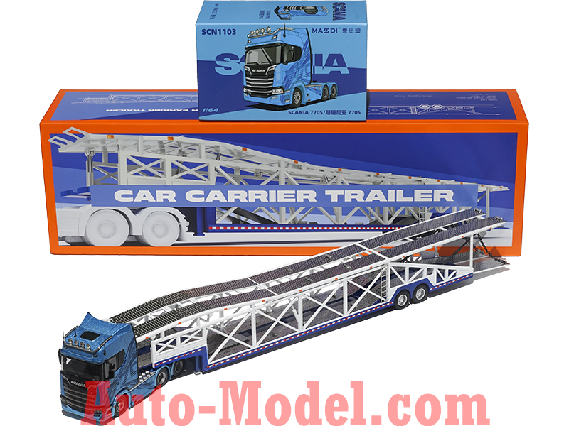 1:64 Masdi Scania 770S with G.C.D Car Carrier Trailer Blue/White